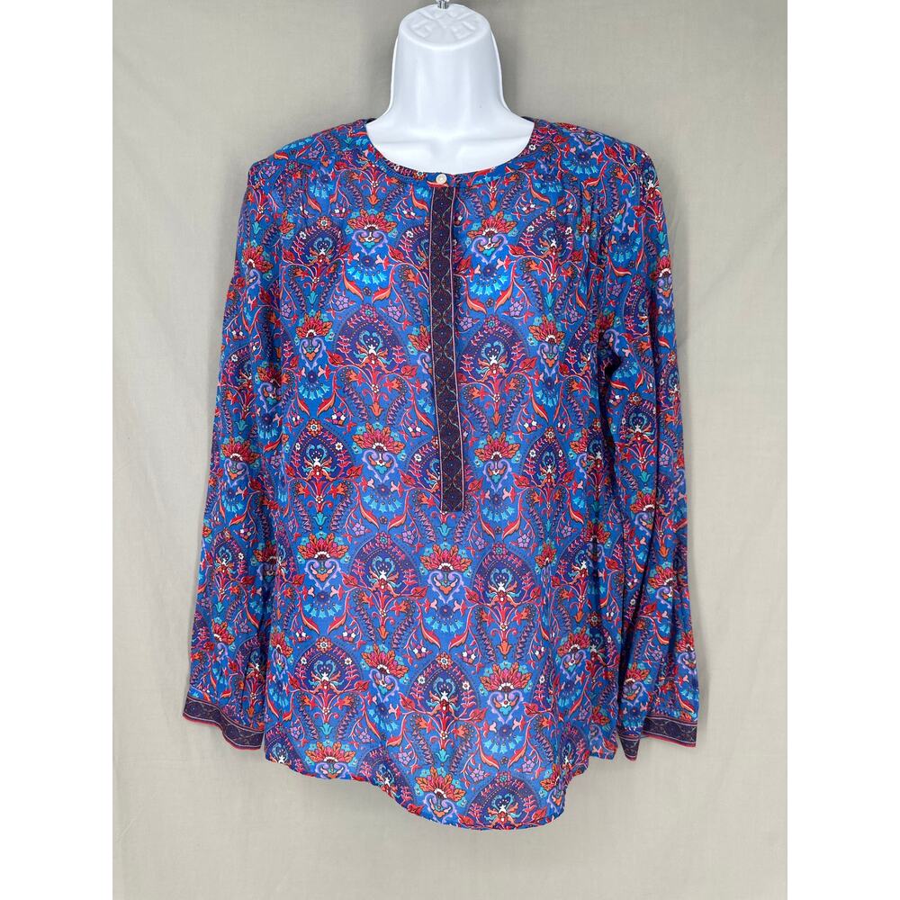 Loft Top Women Medium Blue Floral Softened Shirt Colorful Lightweight Boho Batik